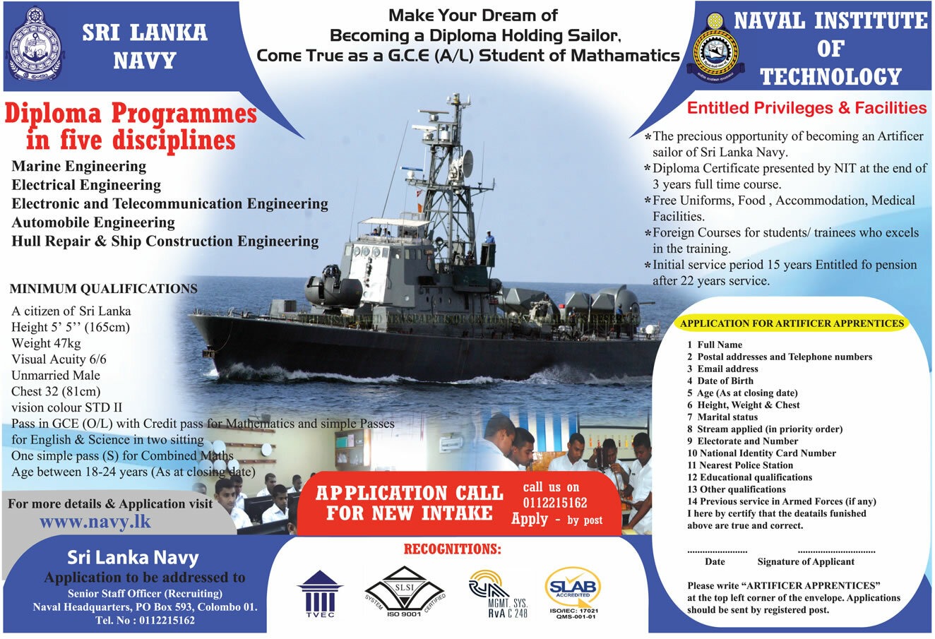 Diploma in Marine Engineering, Diploma in Electrical Engineering, Diploma in Electronic & Telecommunication Engineering, Diploma in Automobile Engineering, Diploma in Hull Repair & Ship Construction Engineering - Naval Institute of Technology